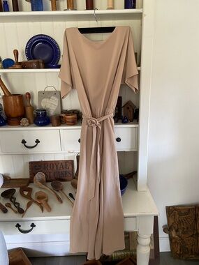 Elegant Neutral Beige Belted Midi Dress